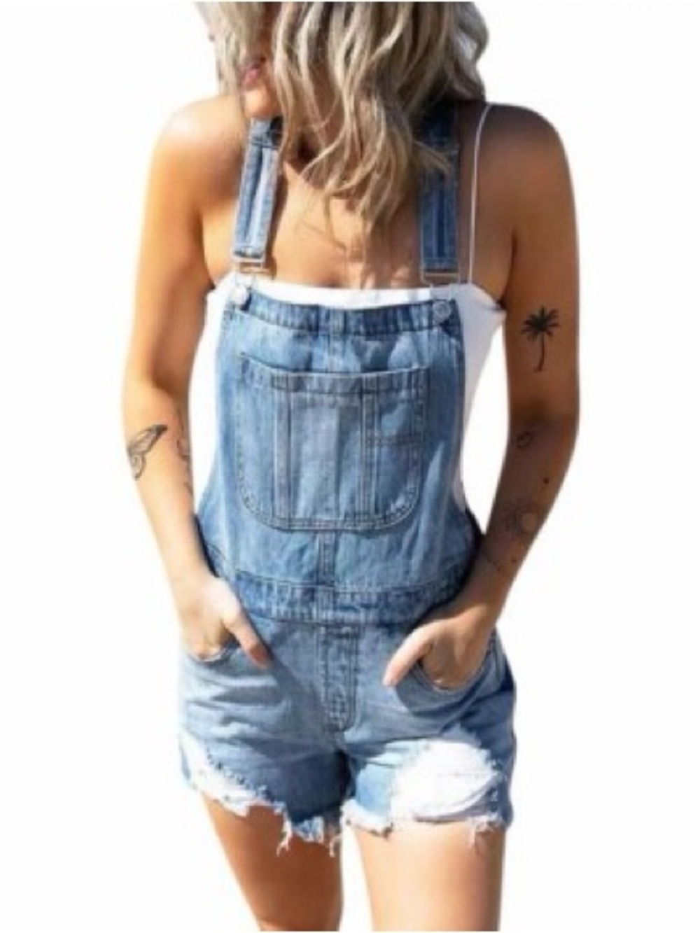 F21 distressed denim overalls 29
